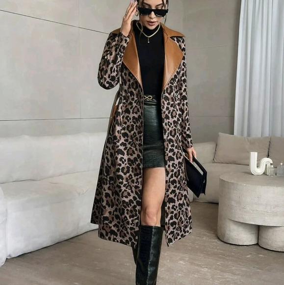 Women's Autumn Colorblock Stand Collar Leopard Print Long Sleeve Long Jacket - Picture 6 of 6